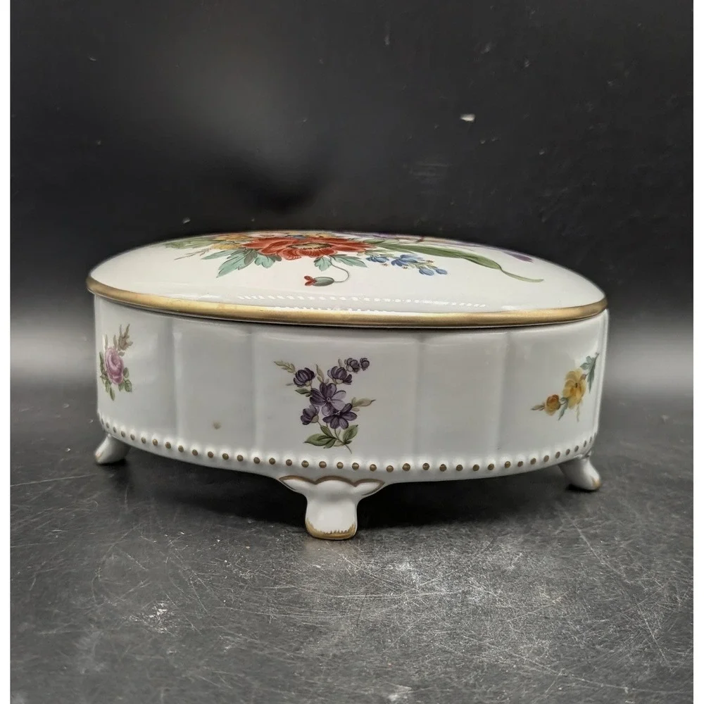 Vintage 1985 Handgemalt Lisa Ackermann Hand Painted Floral Porcelain Trinket Box